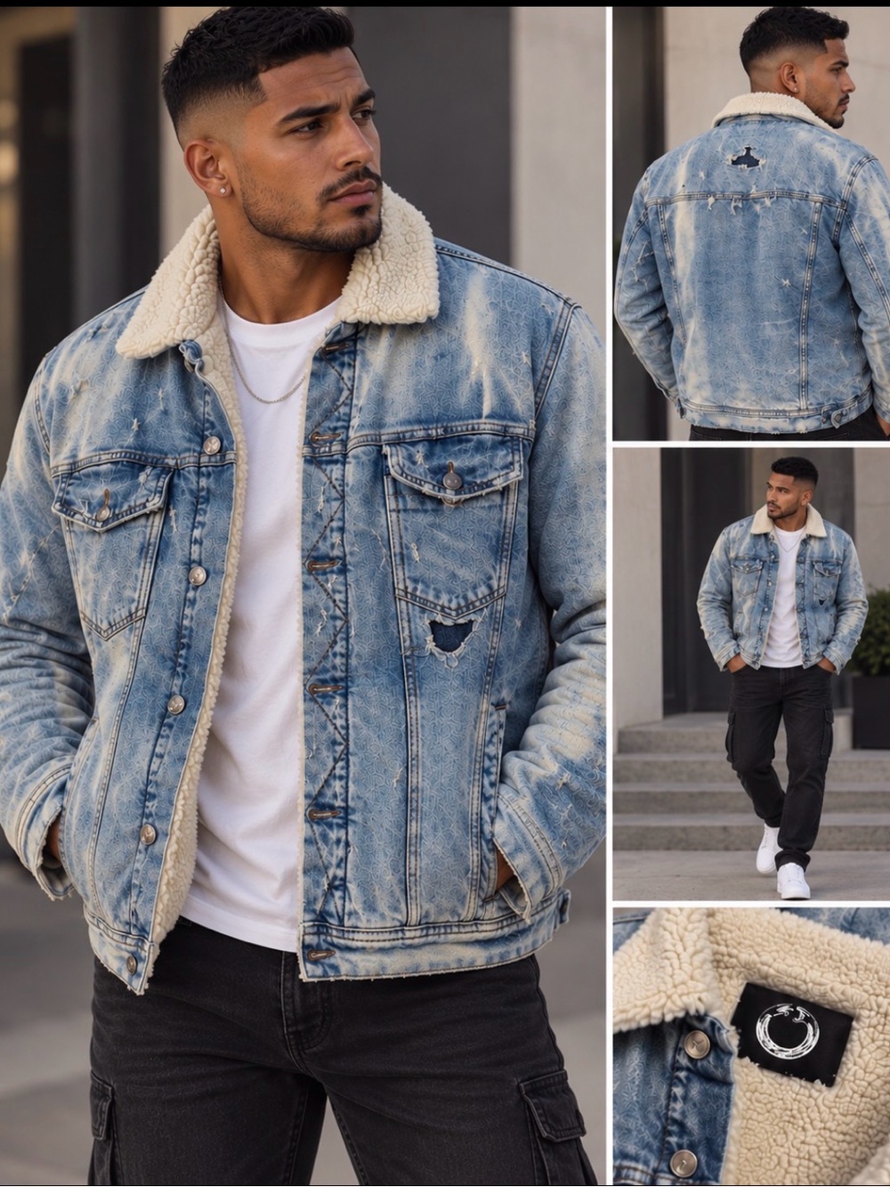 Art Meets Chaos Men's Distressed Light Blue Sherpa Denim Jacket